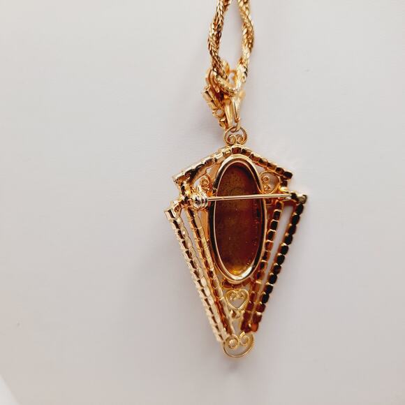 Vintage Topaz Lucite Rhinestone Pendant Brooch Necklace Rope Chain 22” - Picture 3 of 14